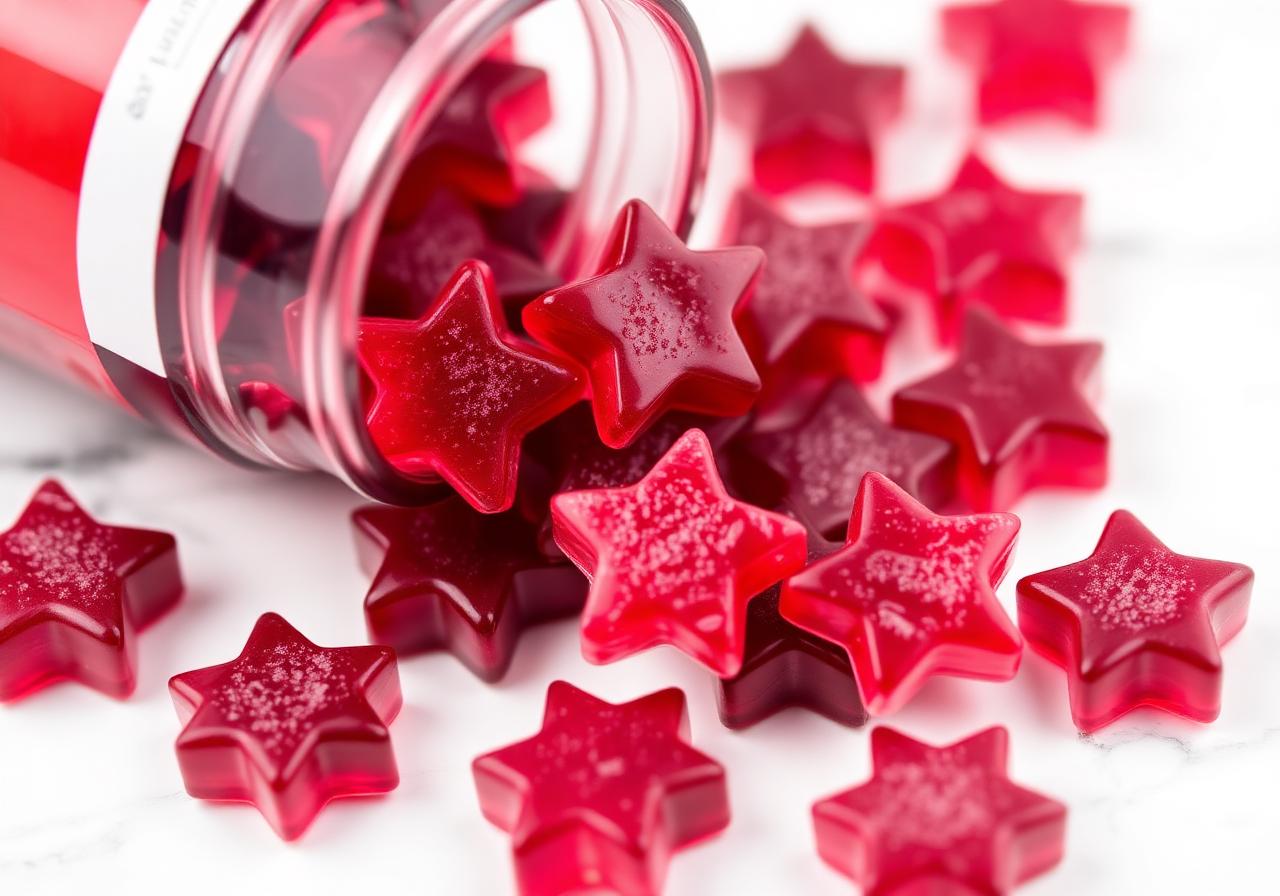 Berry-flavored star-shaped Abundant Hair Growth Gummies spilling from bottle