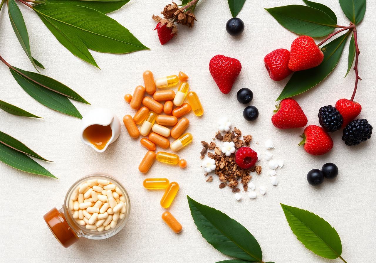 Flat lay of biotin, folate, bamboo silica, vitamin E and berry extracts — the ingredients in Abundant Hair Growth Gummies